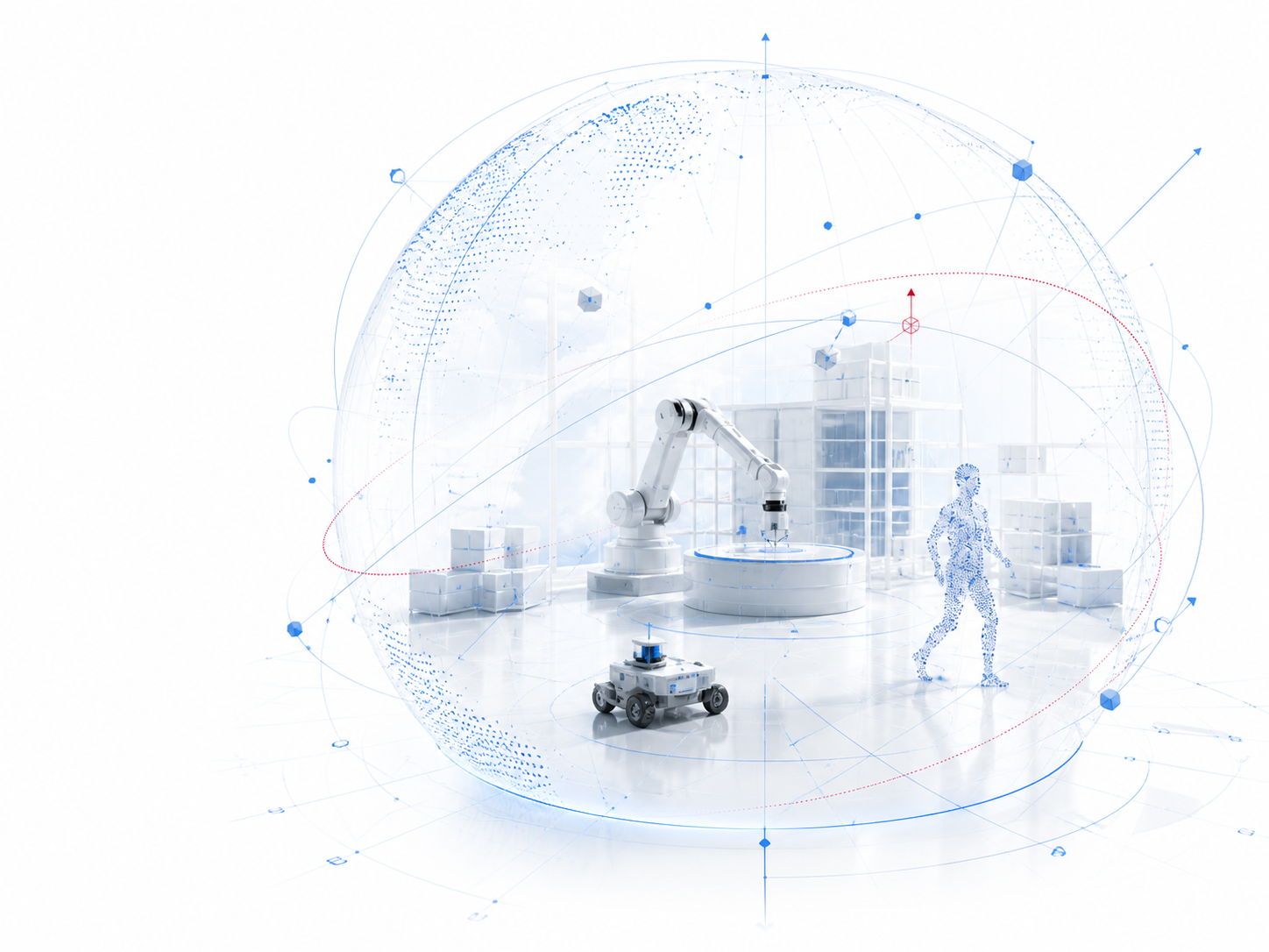 A luminous spatial model containing robots, a human point cloud, and physical trajectories