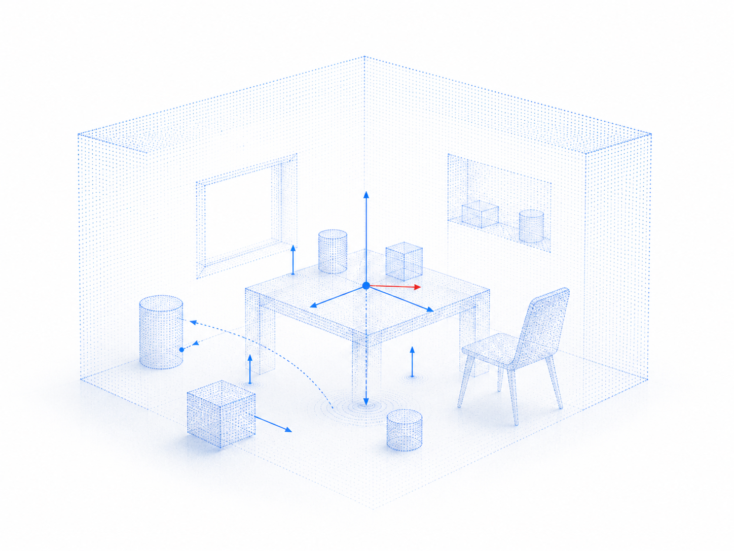A point-cloud room with geometry and force vectors
