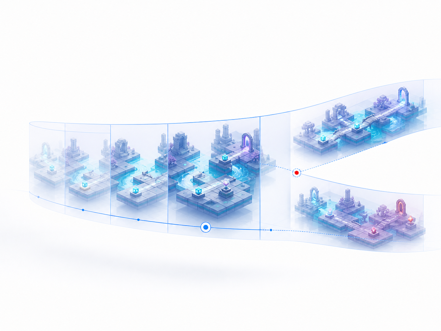 A game world evolving through time and branching into predicted future states